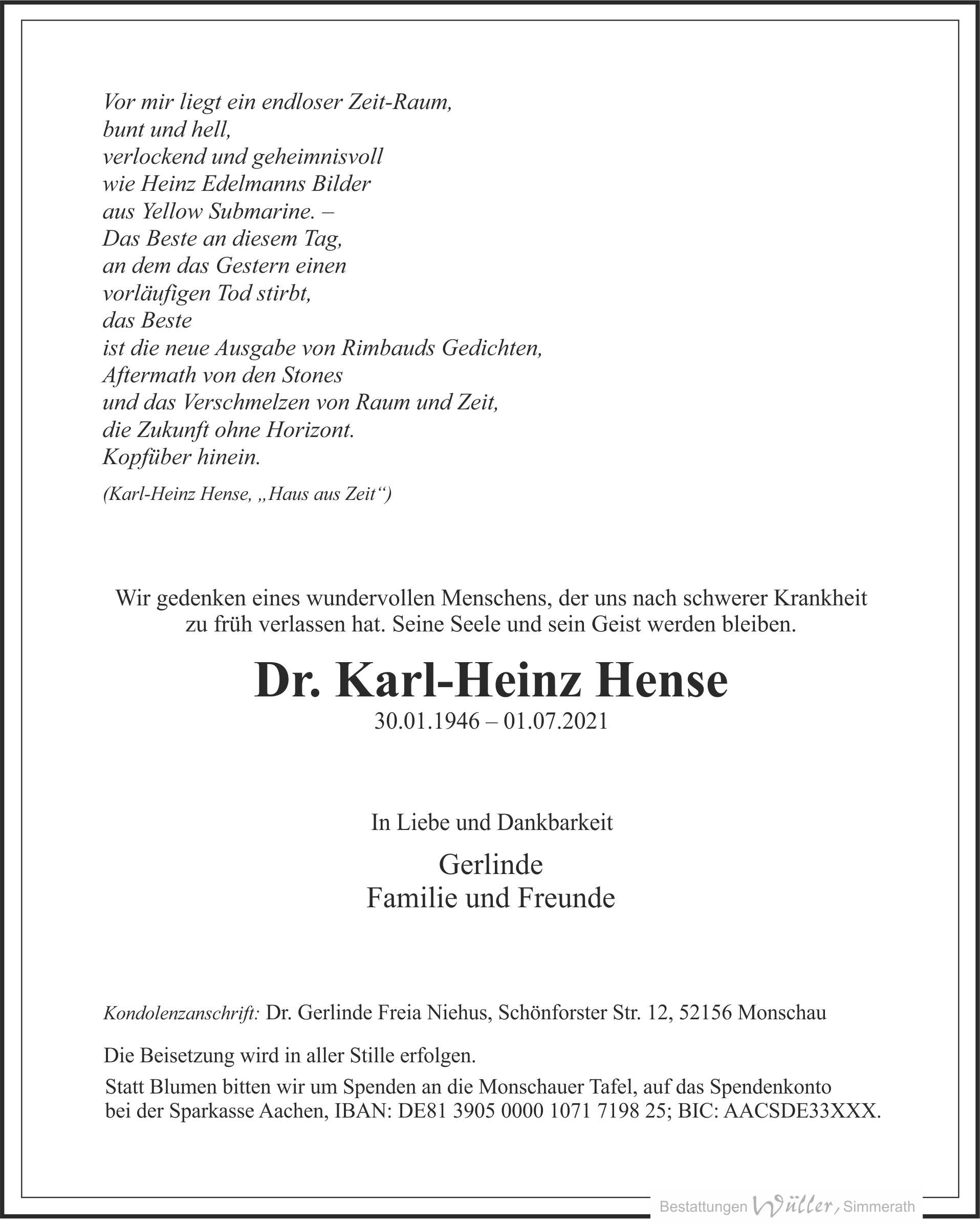 Traueranzeige für Karl-Heinz Hense - Klick zum Vollbild